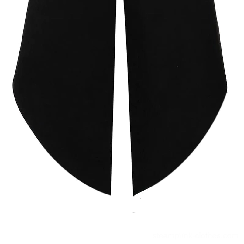 Plague doctor steampunk vest split tail hem close-up showing curved pointed split and matte black fabric texture