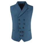 Teal steampunk double-breasted vest front view flat lay with notched lapels and decorative buttons