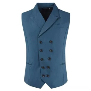 Teal steampunk double-breasted vest front view flat lay with notched lapels and decorative buttons