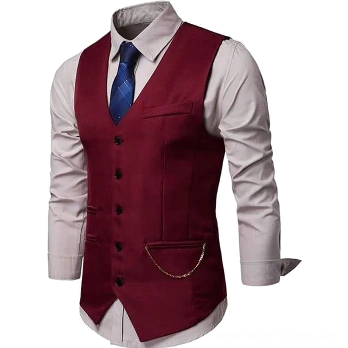 Three-quarter angle view of Victorian formal waistcoat with side pockets and blue plaid tie styling on mannequin