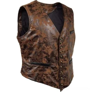 Three-quarter angle view of vintage brown steampunk leather vest showing side pocket details and brass hardware, white studio background