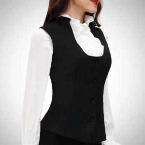 Black steampunk vest three-quarter side angle styled with ruffled white blouse showing fitted waist silhouette