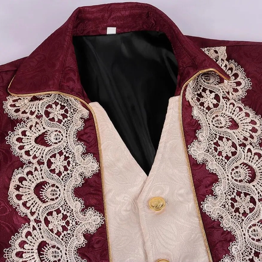 Close-up of steampunk tailcoat collar detail showing white floral lace applique, gold buttons, and beige faux vest with black inner lining