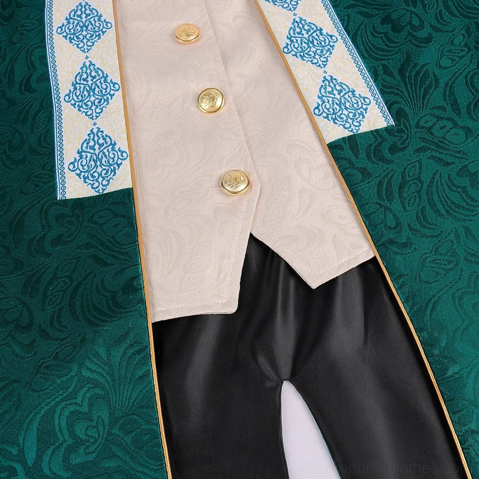 Green steampunk Victorian jacket front placket detail showing beige faux vest with gold buttons and black pants