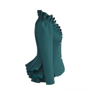 Dark teal steampunk Victorian jacket side profile showing layered ruffled hem and dramatic silhouette