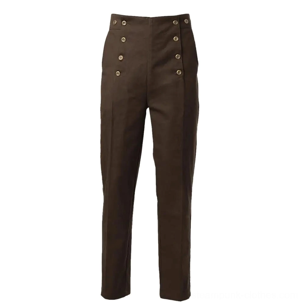 Dark brown steampunk Victorian trousers flat lay front view dual brass button rows industrial detail