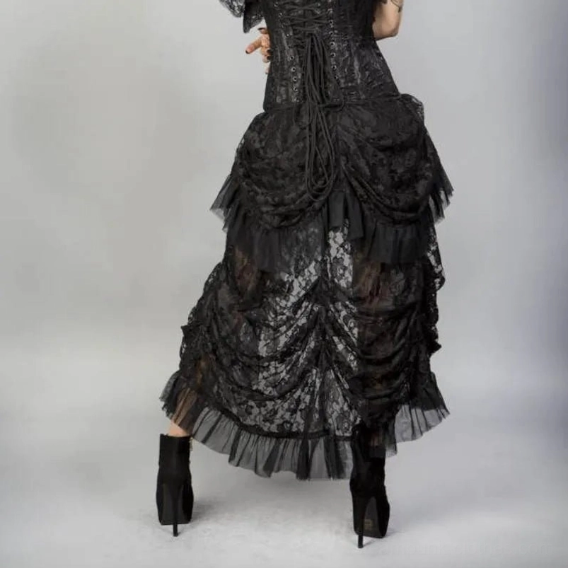 Black steampunk skirt rear view showing corset lace-up back closure and sheer lace overlay with ruffled layers