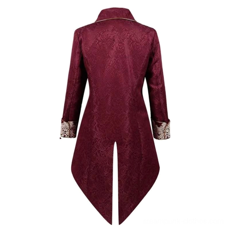 Victorian steampunk tailcoat jacket cosplay costume display showing full jacket silhouette and split tail hem design
