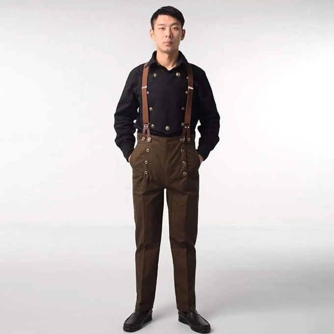 Dark brown steampunk Victorian men's high-waisted trousers front view with suspenders hands in pockets