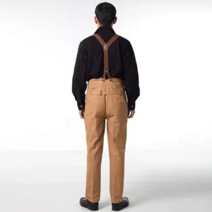 Beige Victorian steampunk pants men's rear full view suspender loops high-waist tailoring