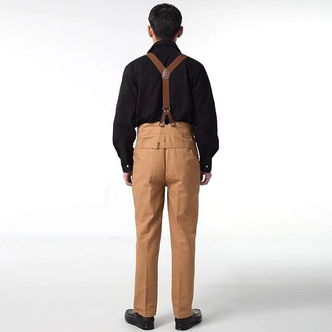 Beige Victorian steampunk pants men's rear full view suspender loops high-waist tailoring