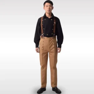 Tan khaki steampunk Victorian high-waisted trousers men's front full view with suspenders studio shot
