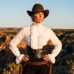 white steampunk victorian ruffle blouse stand collar button-front shirt with ruffled cuffs worn by model in outdoor canyon landscape