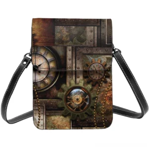 Steampunk crossbody pocket bag featuring vintage gear and clock print design in distressed brown tones, adjustable black PU shoulder strap, magnetic snap closure, front view flat lay on white background