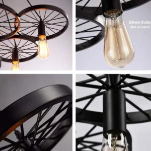 Stacked multi-head wagon wheel steampunk lamp fixture with matte black metal spokes and Edison bulb sockets detail close-up