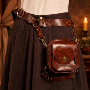 Steampunk leather thigh bag positioned at waist worn with long brown vintage skirt, displaying intricate metal hardware and adjustable strap system in atmospheric candlelit Victorian setting