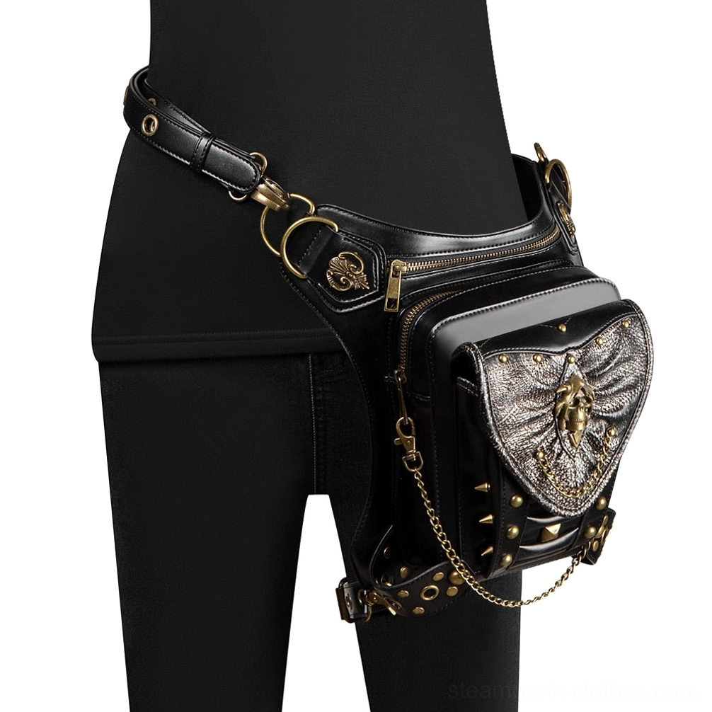 Steampunk waist bag worn on mannequin hip showing adjustable strap system, studded reinforcement trim and functional zippers