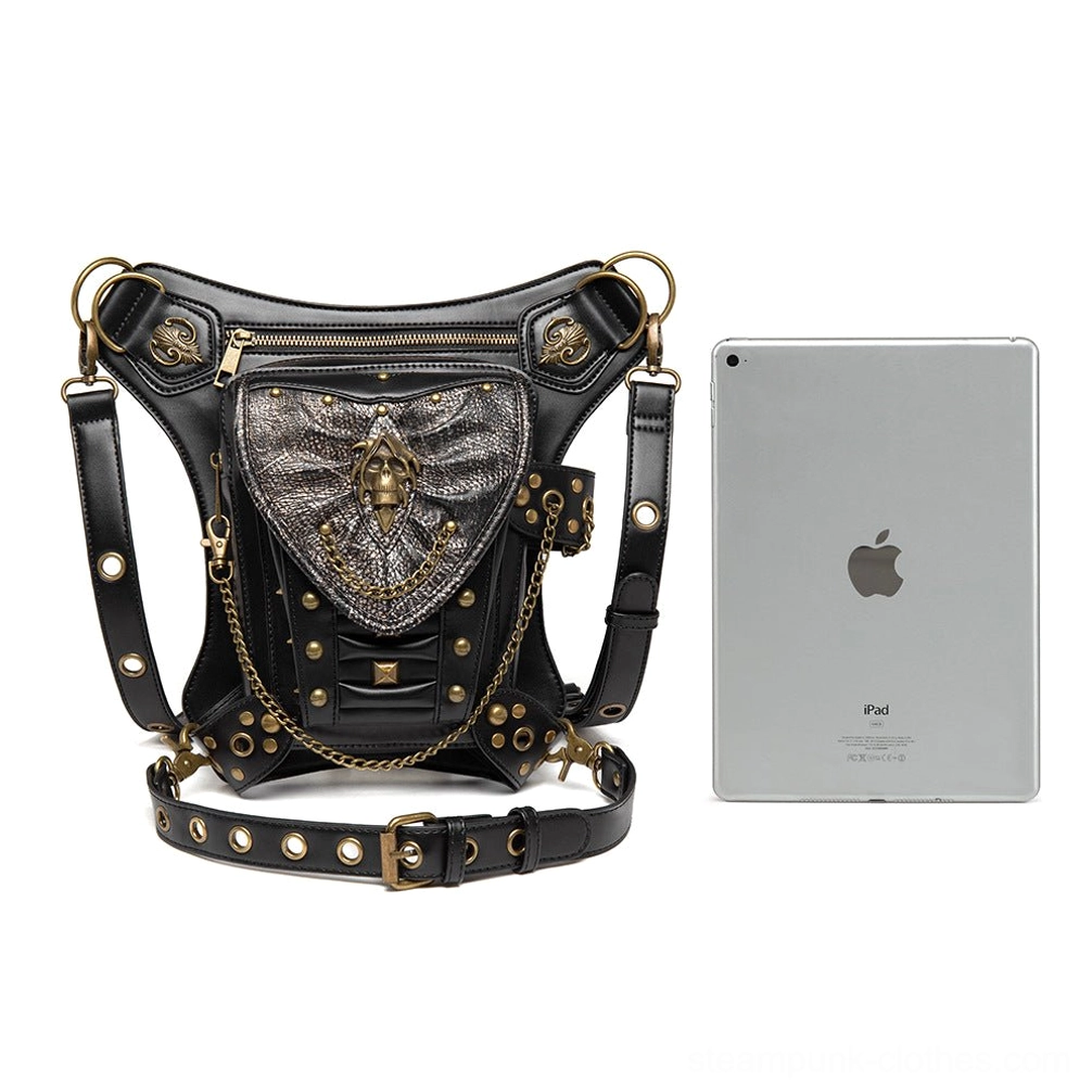 Steampunk gothic waist bag size reference comparison with iPad demonstrating capacity and proportions