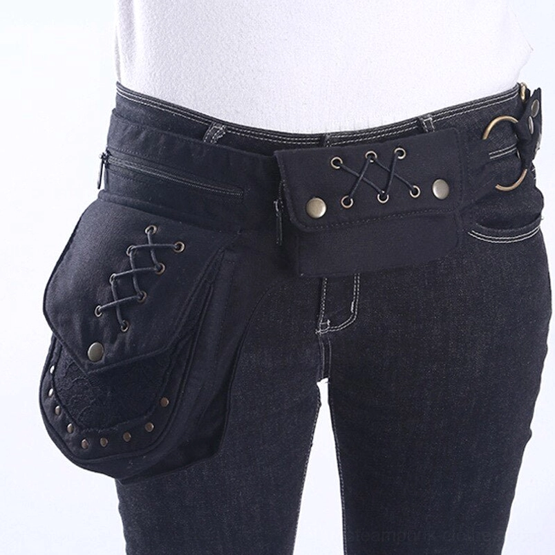 Steampunk waist belt bag with intricate hand-stitched lace-up decorative closure worn on hip, close-up detail wear view