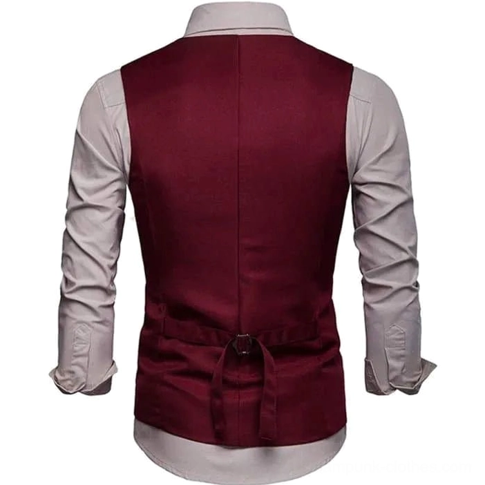 Back view of steampunk waistcoat showing adjustable belt with metal buckle and tailored fit construction