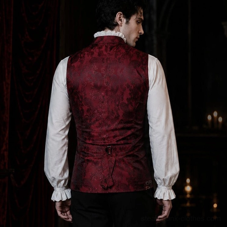 Back view of burgundy steampunk waistcoat showing adjustable waist strap and paisley jacquard fabric