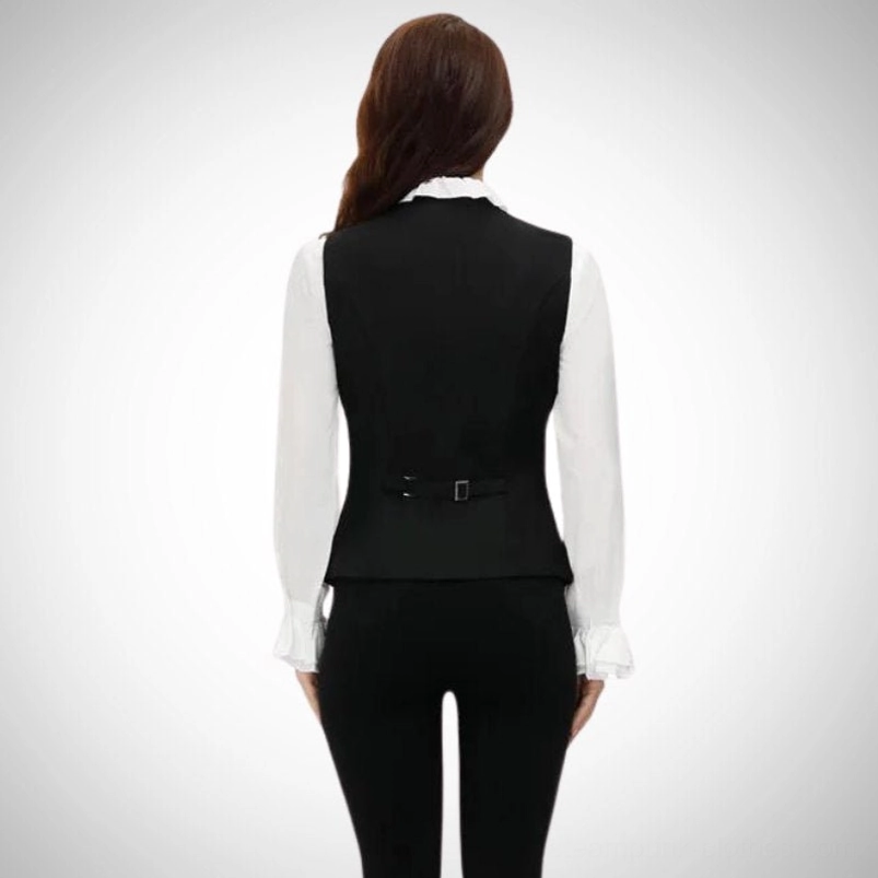 Back view of women's black waistcoat vest featuring adjustable waist strap and buckle for customizable fit