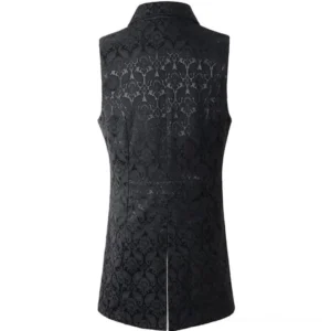Steampunk waistcoat rear view showing center back split and all-over damask weave - Victorian-inspired formal vest back detail