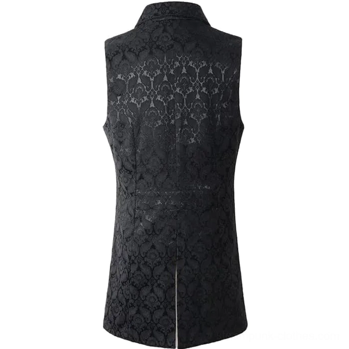 Steampunk waistcoat rear view showing center back split and all-over damask weave - Victorian-inspired formal vest back detail