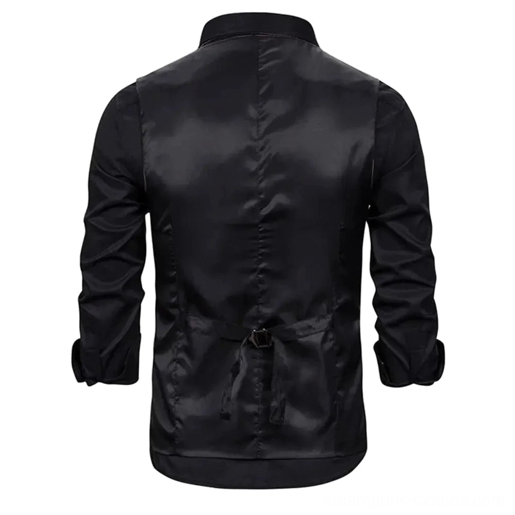 Back view of steampunk waistcoat displaying satin black inner lining and adjustable waist buckle strap for custom fit