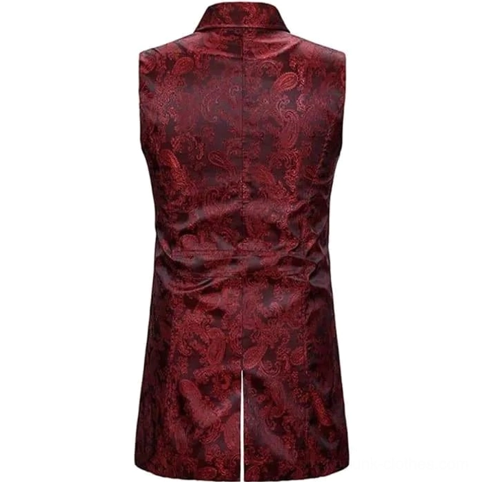 Steampunk waistcoat back flat lay showing rear split seam construction and all-over intricate paisley jacquard pattern in wine-red tone