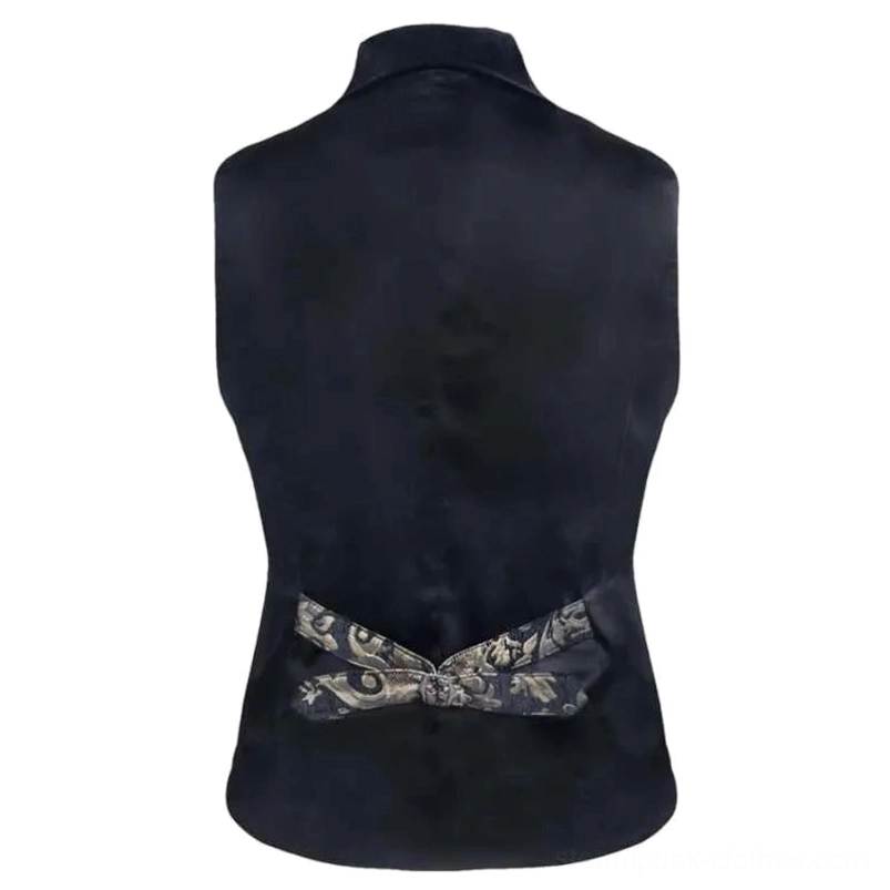 Black velvet steampunk waistcoat back view with adjustable damask bow waist detail