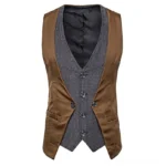 Brown and grey contrast steampunk waistcoat with herringbone inner panel, front view on white background showing buttoned front closure and layered design