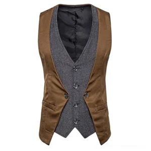 Brown and grey contrast steampunk waistcoat with herringbone inner panel, front view on white background showing buttoned front closure and layered design