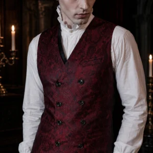 Close-up detail of steampunk waistcoat double-breasted black buttons and intricate jacquard pattern
