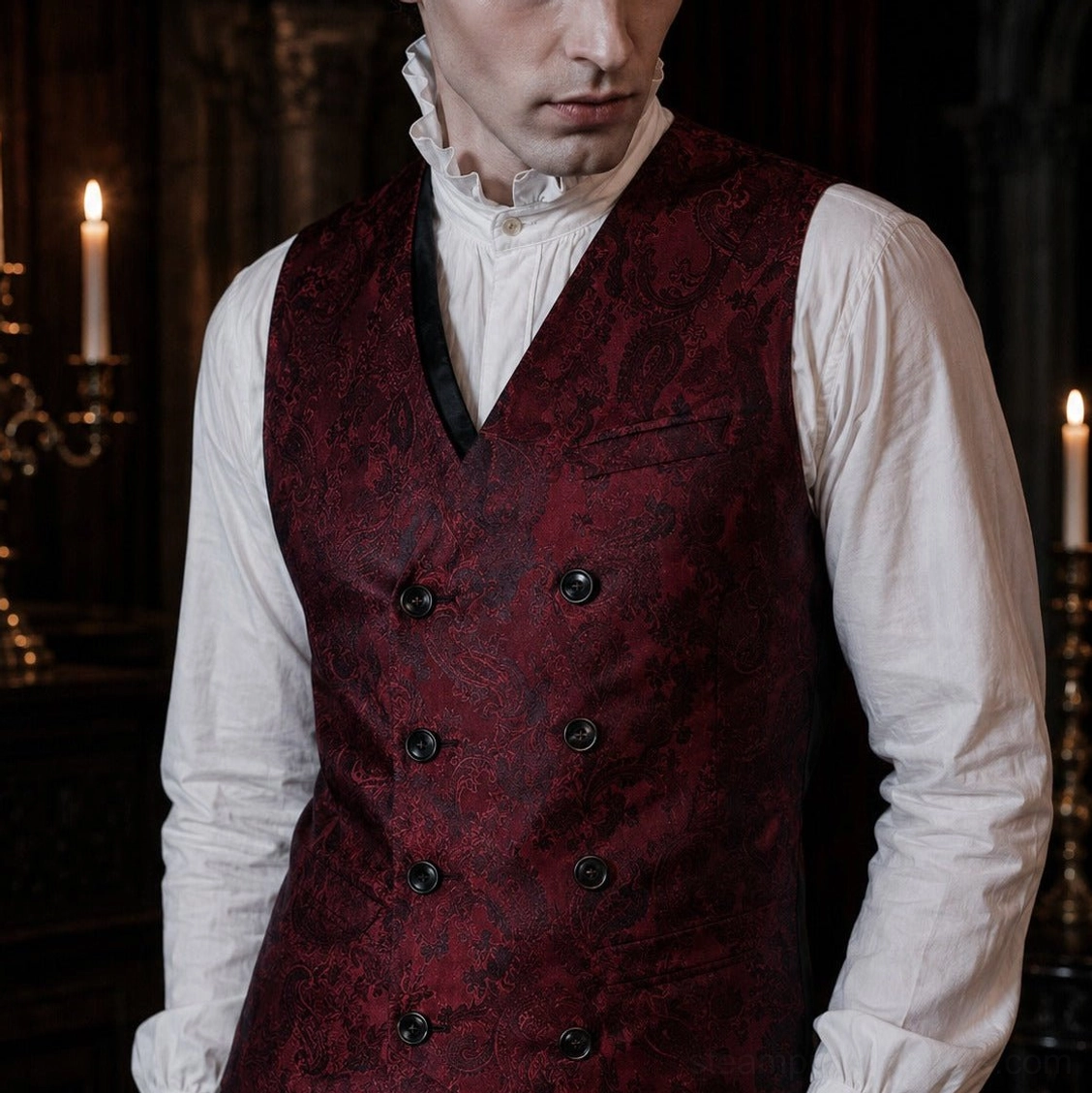 Close-up detail of steampunk waistcoat double-breasted black buttons and intricate jacquard pattern