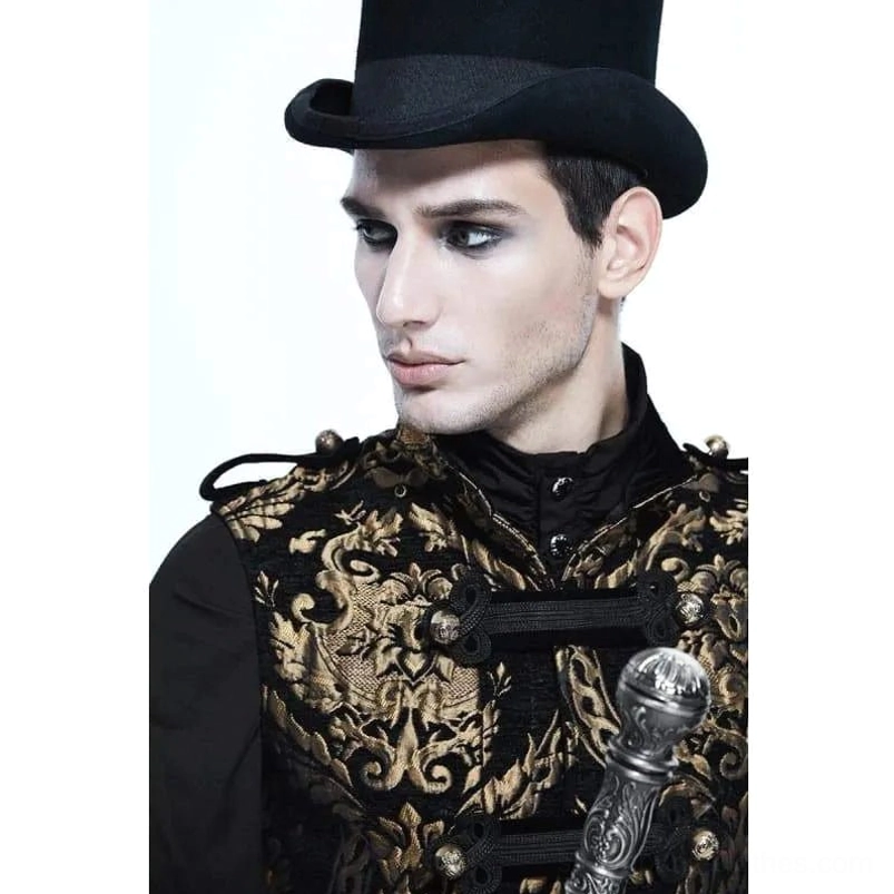 Steampunk gothic vest upper section close-up featuring ornate frog fasteners and decorative shoulder straps