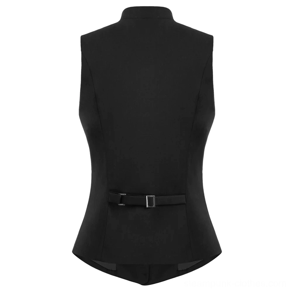 Flat lay rear view of steampunk waistcoat showing adjustable buckle strap and curved tailored hem construction