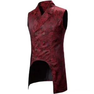 Men's steampunk waistcoat front flat lay on white background, displaying notched lapel, double-breasted button closure, and asymmetric hem details of paisley jacquard textile