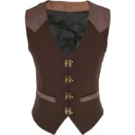 Classic steampunk waistcoat front view - dark brown fabric with antique gold toggle fastenings and leather trim, flat lay on white background