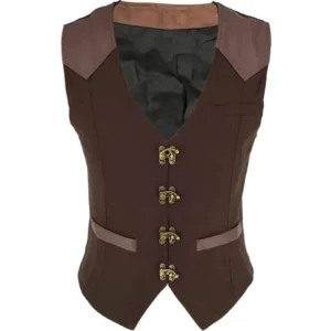 Classic steampunk waistcoat front view - dark brown fabric with antique gold toggle fastenings and leather trim, flat lay on white background