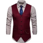 Wine red steampunk waistcoat front view with button closure and chain pocket detail, displayed on mannequin against white studio backdrop