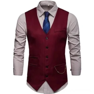 Wine red steampunk waistcoat front view with button closure and chain pocket detail, displayed on mannequin against white studio backdrop