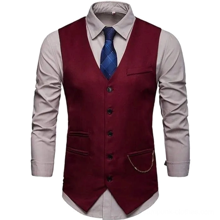 Wine red steampunk waistcoat front view with button closure and chain pocket detail, displayed on mannequin against white studio backdrop