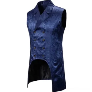 Victorian steampunk waistcoat with sleeveless design, patterned dark blue jacquard fabric, and refined tailoring - three-quarter front angle