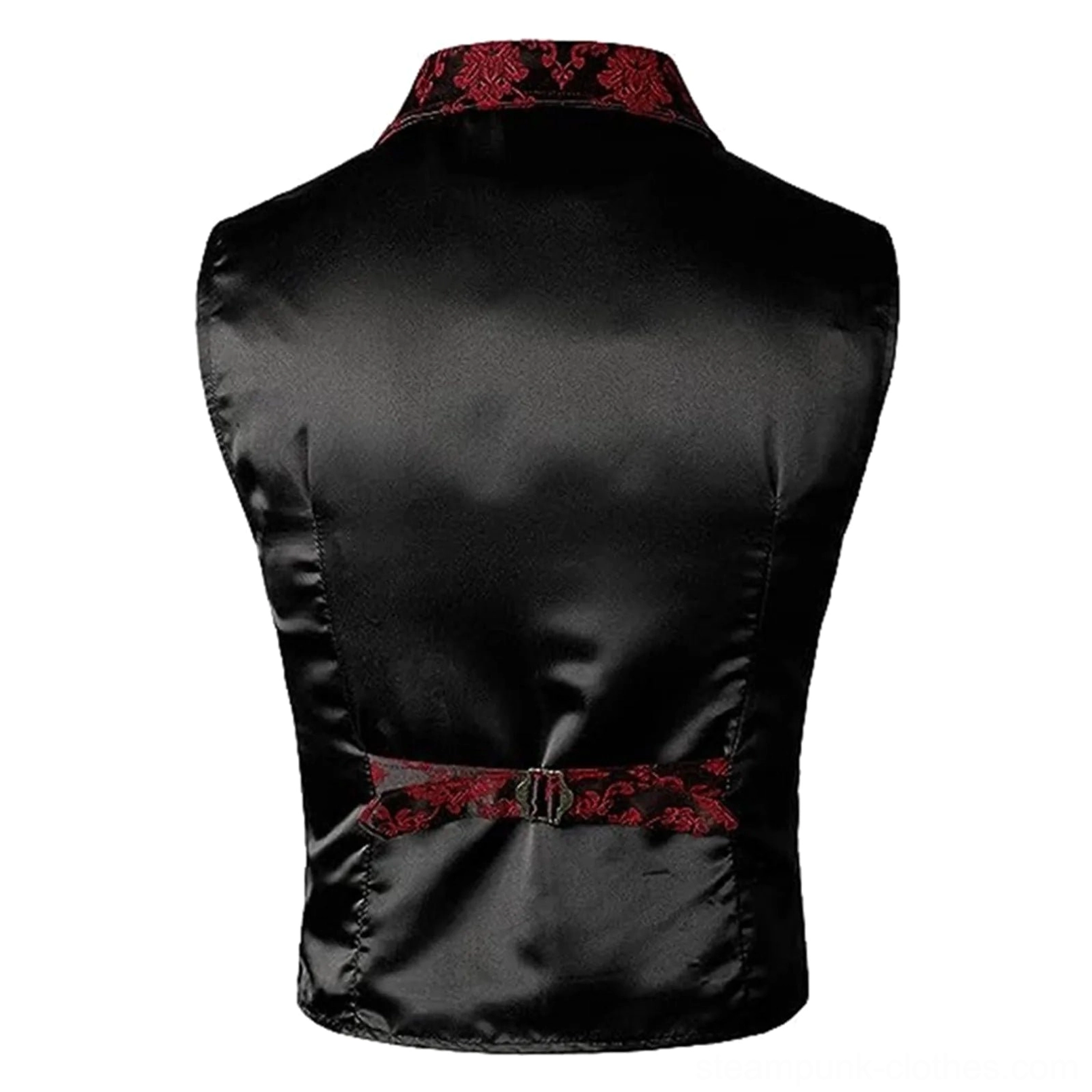 Black satin back panel of steampunk waistcoat with adjustable patterned waist strap and metal buckle closure