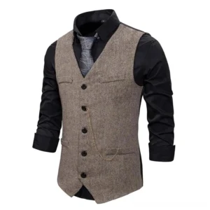 Steampunk gentleman's vest three-quarter front view styled with black dress shirt and grey patterned tie showing tailored fit and button-down collar