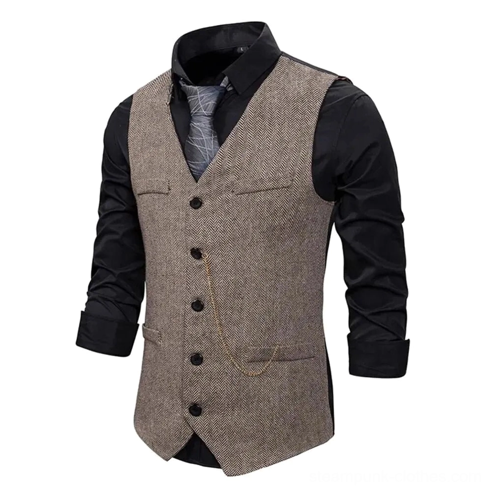 Steampunk gentleman's vest three-quarter front view styled with black dress shirt and grey patterned tie showing tailored fit and button-down collar