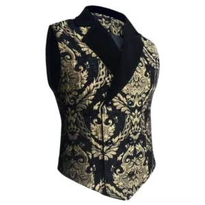 Victorian steampunk waistcoat three-quarter angle showing slim tailored fit and gold damask patterned front with visible buttons