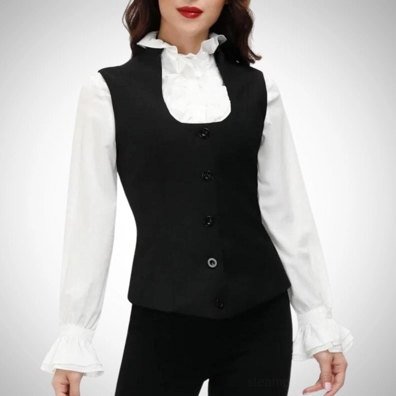 Women's black steampunk waistcoat vest front view with U-neck jabot collar and button placket detail