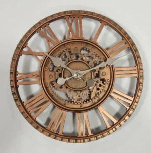 Steampunk wall clock front view featuring exposed gear mechanism, Roman numerals, copper-bronze finish, and silver clock hands on white background